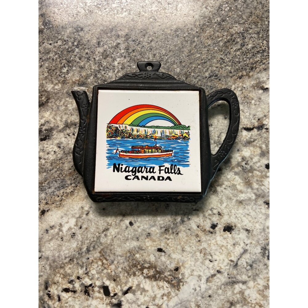 Vintage Niagara Falls Canada Souvenir Cast Iron Teapot Trivet Rainbow Scene